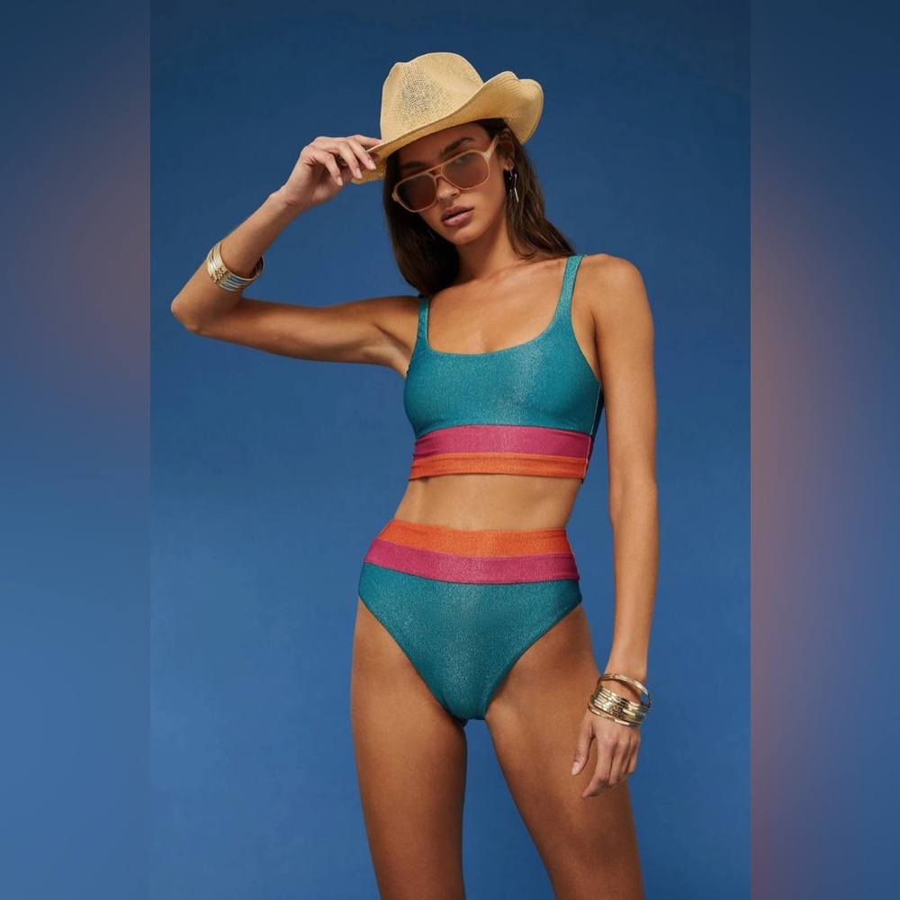 NWT Beach Riot Heidi COLORBLOCK HIGH WAIST BIKINI BOTTOMS - S - Sorbet Sea